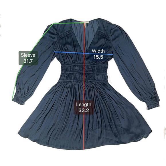 Maje Rianne Navy Satin Mini Dress Ruffled V Neck Long Sleeve Size 36 US 4 - Picture 6 of 9